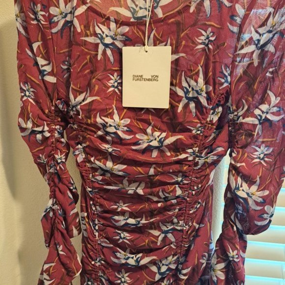 NWT DVF - Corinne Ruched Mesh Midi Dress in Harlow Small Wine - Picture 7 of 7